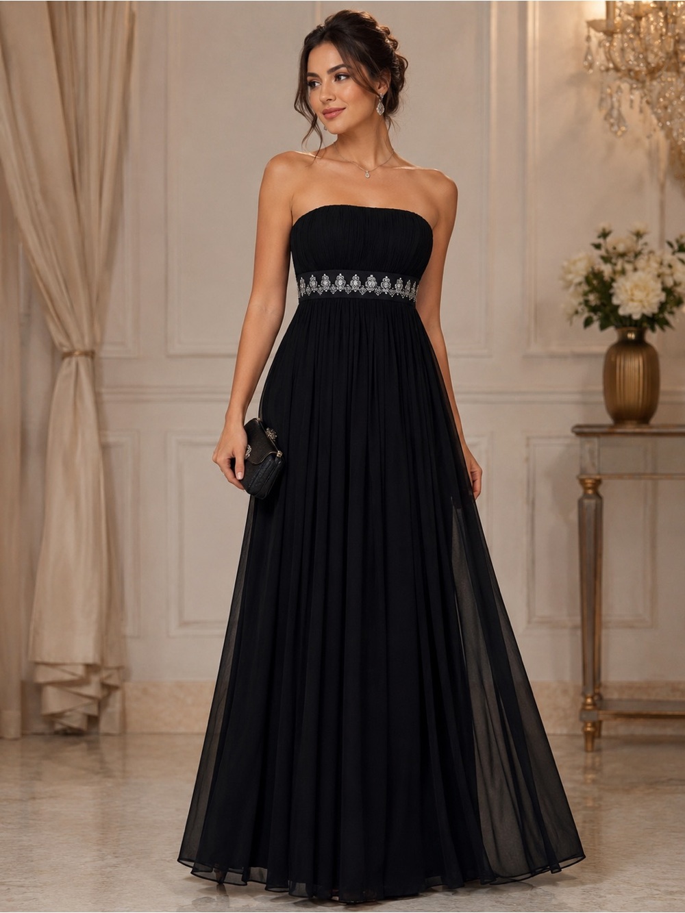 Faith Connexion Black Strapless Evening Gown with Silver Embellished Waist